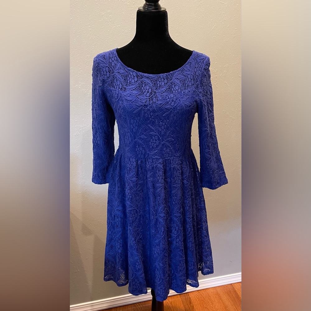 Cobalt blue, Free People, laced empire, waste, three-quarter sleeve dress